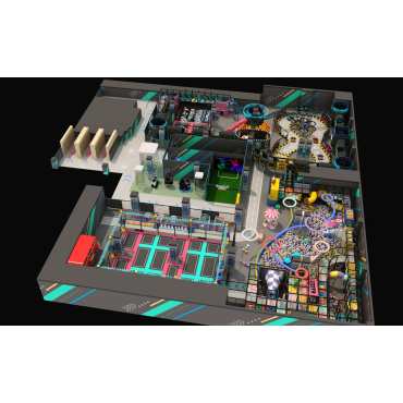 Futuristic Multi-Zone Indoor Playground Design with Trampoline, Soft Play & Racing Track
