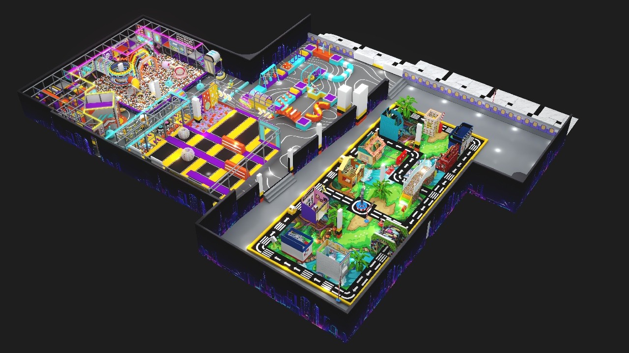 Large indoor family entertainment center layout showing trampoline park, soft play area, role-play city, and activity zones