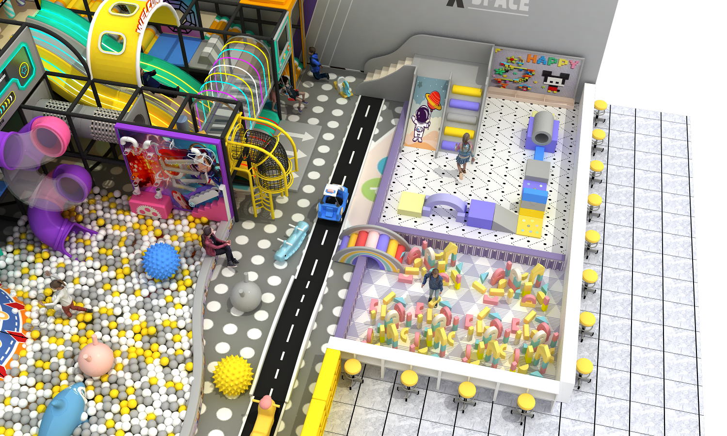 indoor playground with cafe seating area