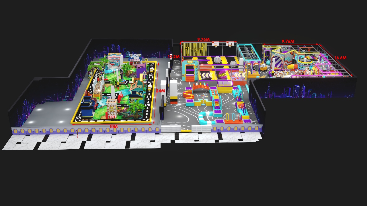 Indoor playground operation and safety layout with trampoline area, ball pool, soft play structure, and supervisor planning zones